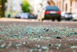 Shards of car glass on the street